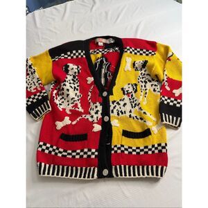 Vintage 90s Cardigan Bay Sweater XL Dalmatian Dogs Intarsia Hand Knit Cottage